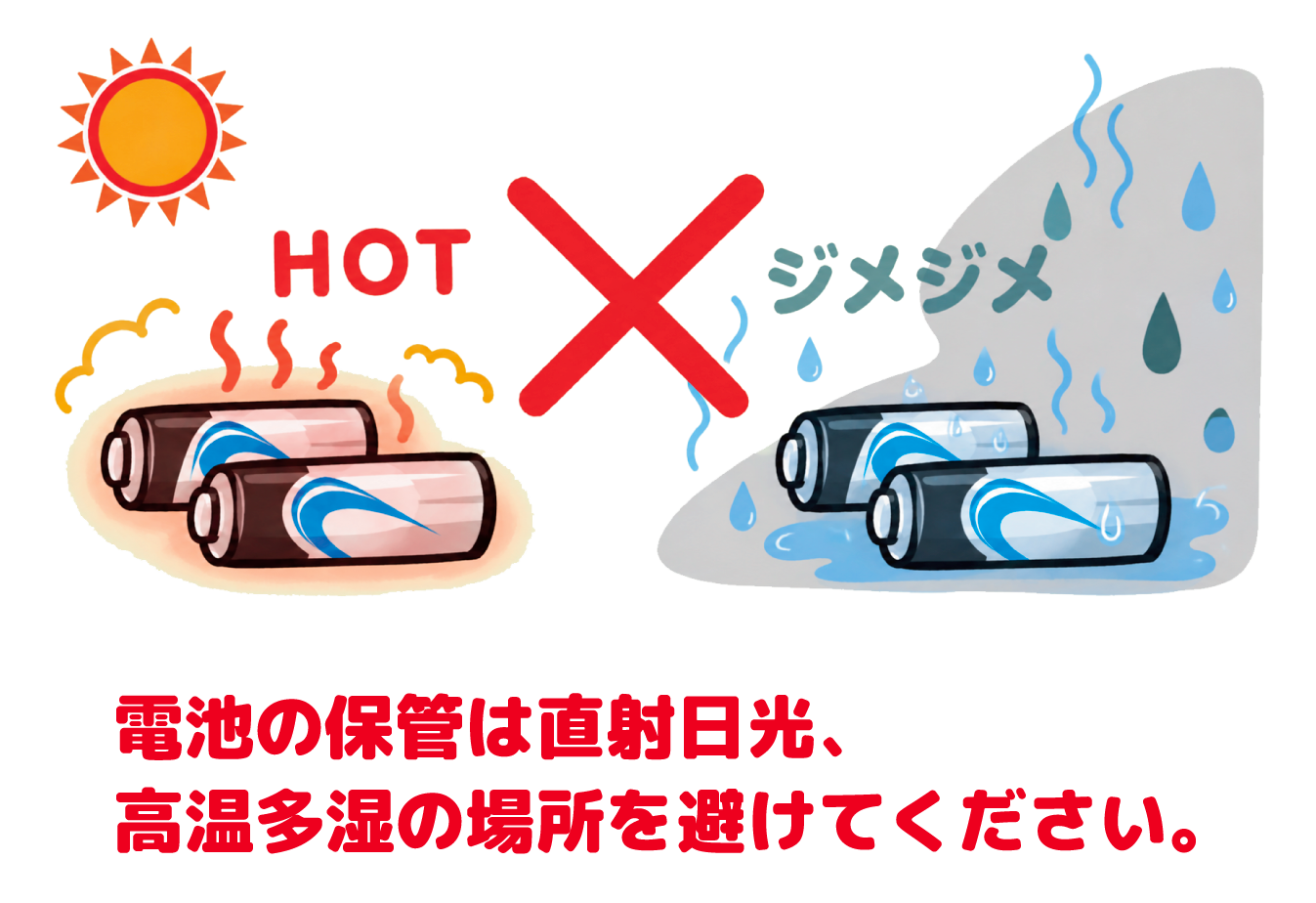 電池の保管は直射日光、高温多湿の場所を避けてください。HOTとジメジメを避けるイラスト