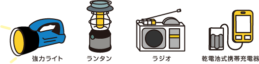 強力ライト・ランタン・ラジオ・乾電池式携帯充電器のイラスト
